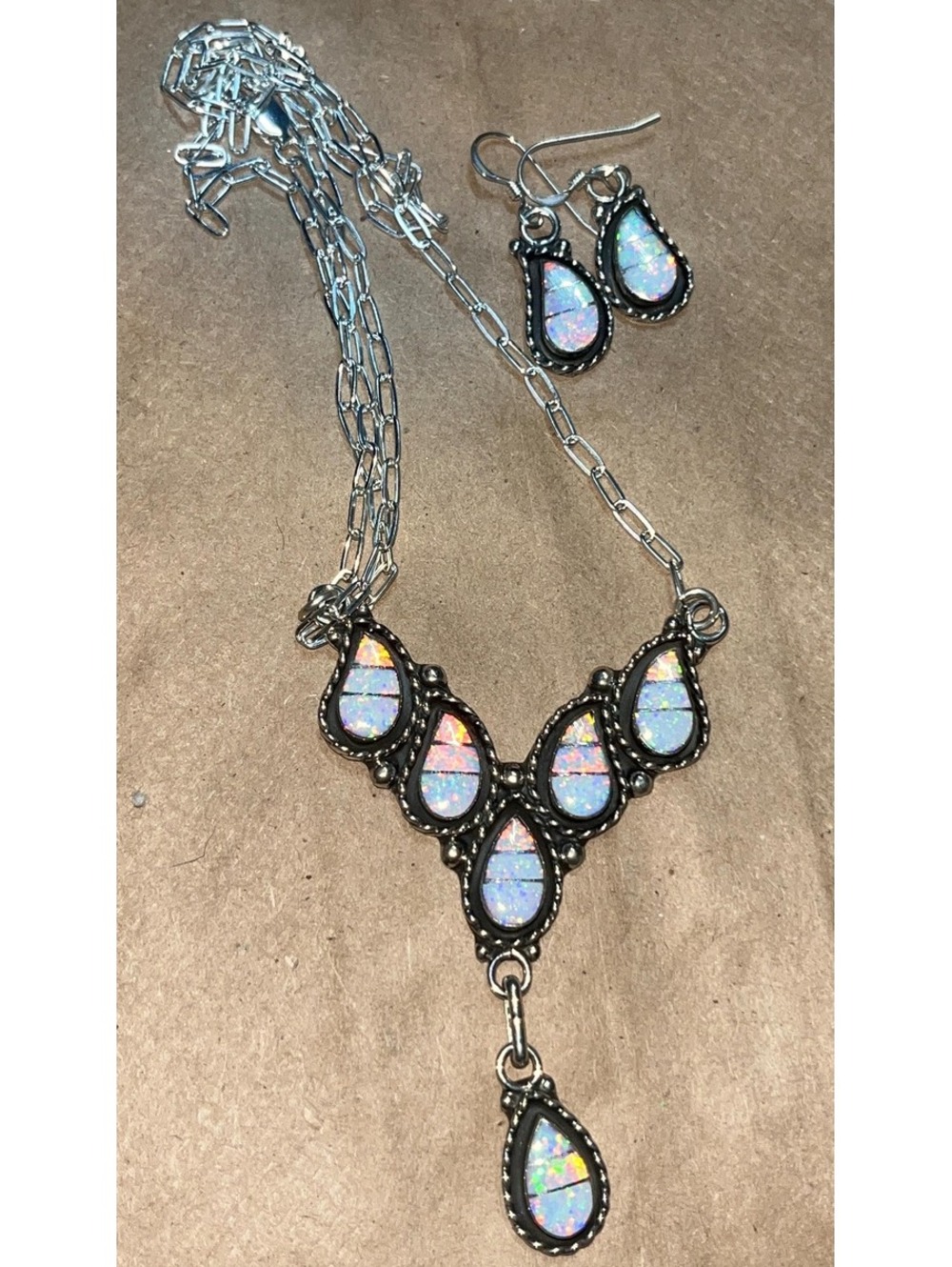 Zuni sterling silver inlay cluster white opal necklace and earrings set